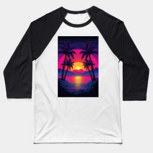 Illustration of an 80s Synthwave retro sunset with palm trees on the beach Baseball T-Shirt